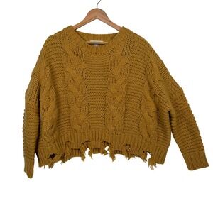 She + Sky Cable Knit Sweater Womens One Size Mustard Yellow Distressed Hem Boho
